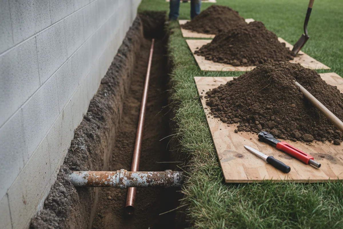 Excavated water line trench during Sewer Line Repair in Westminster